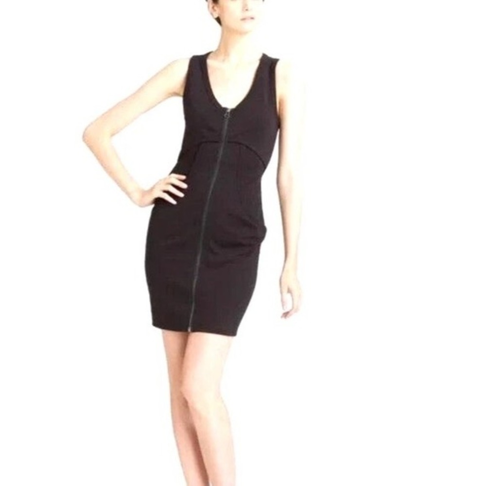 T by Alexander Wang Ponte Front Zip Dress Black Sheath Sleeveless Pocket Mini XS